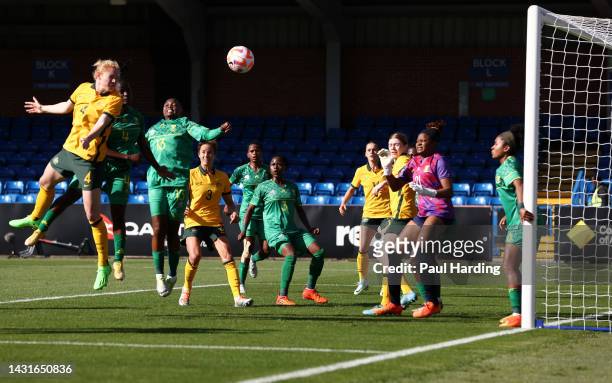 Clare Polkinghorne of Australia scores their team's third goal during the International Friendly match between CommBank Matildas and South Africa...