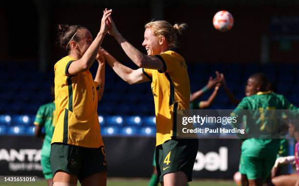 Clare Polkinghorne of Australia celebrates after scoring their team's third goal during the International Friendly match between CommBank Matildas...