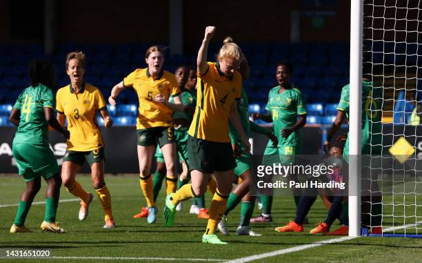 Clare Polkinghorne of Australia celebrates after scoring their team's third goal during the International Friendly match between CommBank Matildas...