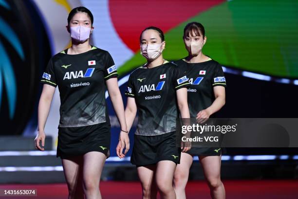 Miyuu Kihara, Mima Ito and Miyu Nagasaki of Japan arrive for the Women's Final match between China and Japan on Day 9 of 2022 ITTF World Team...