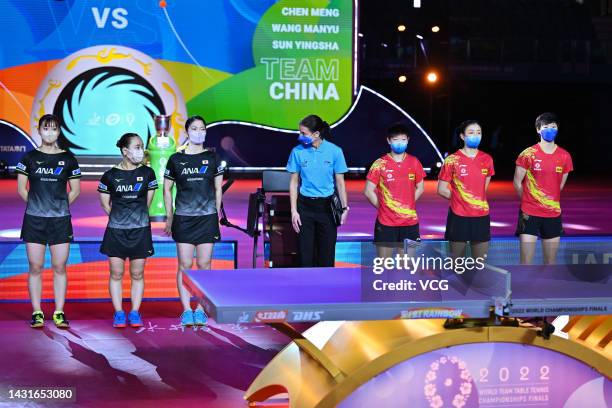 Miyu Nagasaki, Mima Ito and Miyuu Kihara of Japan, Sun Yingsha, Chen Meng and Wang Manyu of China line up prior to their Women's Final match between...