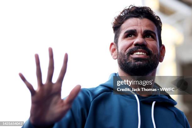 Diego Costa of Wolverhampton Wanderers arrives at the stadium ahead of the Premier League match between Chelsea FC and Wolverhampton Wanderers at...