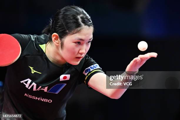 Miyuu Kihara of Japan serves against Chen Meng of China during the Women's Final match between China and Japan on Day 9 of 2022 ITTF World Team...
