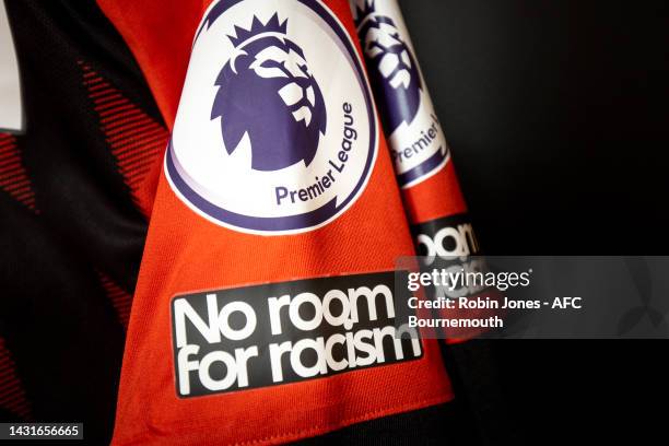 Bournemouth shirt with 'No room for racism' on sleeve in home dressing room before the Premier League match between AFC Bournemouth and Leicester...