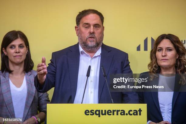 The president of Esquerra Republicana de Catalunya, Oriol Junqueras, gives a press conference after a meeting of his party to reshuffle the...