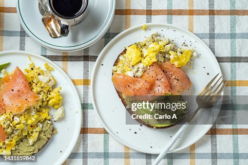 Breakfast with bread, scrambled eggs, salmon, avocado Breakfast with bread, scrambled eggs, salmon, avocado
