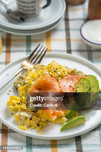 Breakfast with bread, scrambled eggs, salmon, avocado Breakfast with bread, scrambled eggs, salmon, avocado