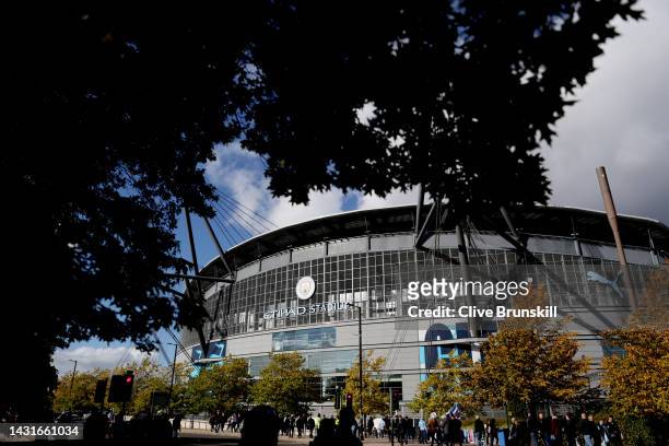 General view outside the stadium prior to the Premier League match between Manchester City and Southampton FC at Etihad Stadium on October 08, 2022...