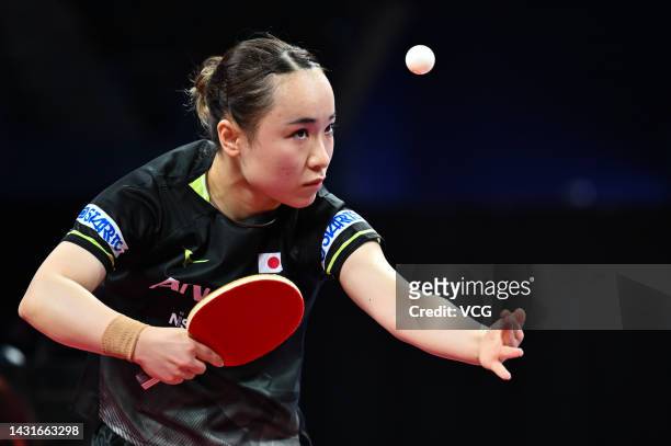 Mima Ito of Japan serves against Wang Manyu of China during the Women's Final match between China and Japan on Day 9 of 2022 ITTF World Team...