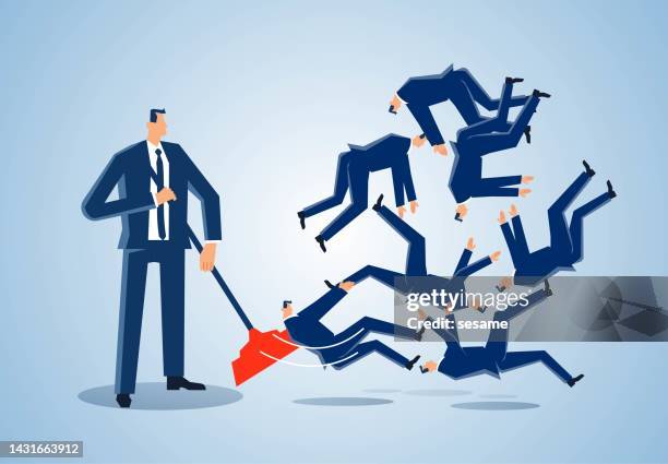 fired or company layoffs of underperforming employees, business failures angry managers with brooms to remove fired businessmen employees - salesman stock illustrations