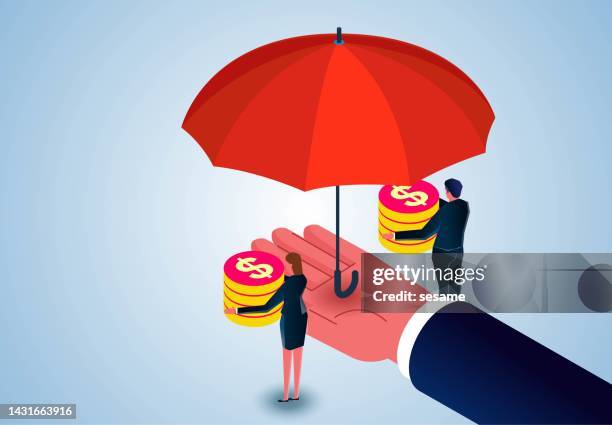 investment protection and business insurance, providing security and insurance of savings, income, funds, financial wealth, isometric male and female businessmen standing with gold coins under a large umbrella supported by huge - paycheck protection stock illustrations