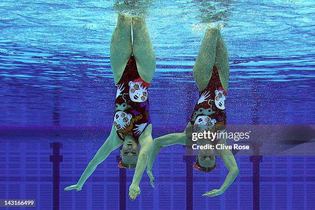 Natalia Ischenko and Svetlana Romashina of Russia compete in the Duet Free routine during the FINA Olympic Games Synchronised Swimming Qualification...