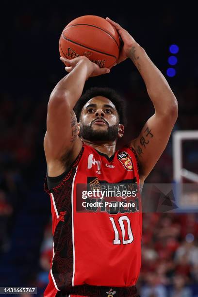 Corey Webster of the Wildcats shoots a free throw during the round two NBL match between the Perth Wildcats and Illawarra Hawks at RAC Arena, on...