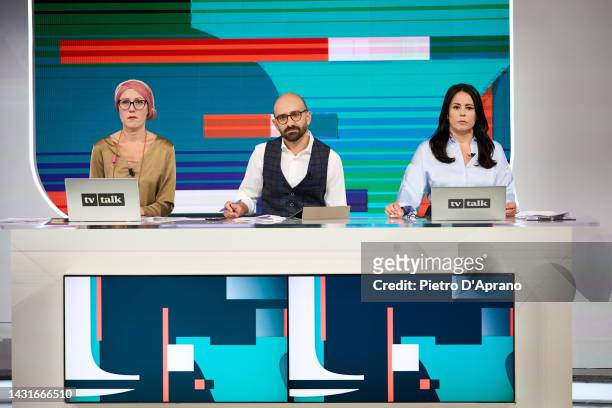 Silvia Motta, Sebastiano Pucciarelli, Cinzia Bancone attends the "Tv Talk" show on October 07, 2022 in Milan, Italy.