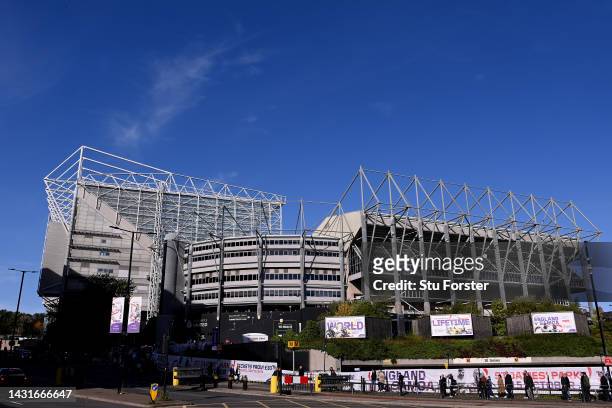 General view outside the stadium prior to the Premier League match between Newcastle United and Brentford FC at St. James Park on October 08, 2022 in...