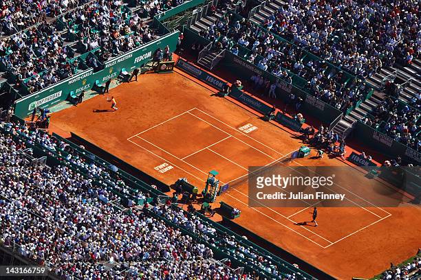 General view of Rafael Nadal of Spain in action against Stanislas Wawrinka of Switzerland during day six of the ATP Monte Carlo Masters on April 20,...