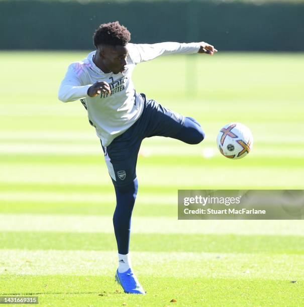 Bukayo Saka of Arsenal during a training session at London Colney on October 08, 2022 in St Albans, England.