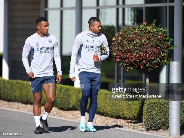 Marquinhos and Gabriel Jesus of Arsenal during a training session at London Colney on October 08, 2022 in St Albans, England.