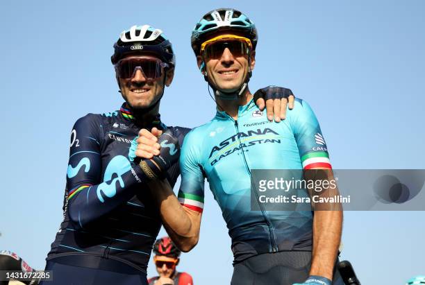 Alejandro Valverde Belmonte of Spain and Movistar Team and Vincenzo Nibali of Italy and Astana - Qazaqstan Team pose on the final day of their...