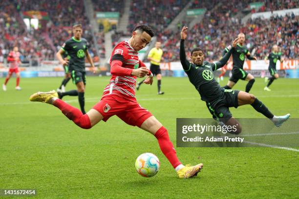 Ruben Vargas of Augsburg controls the ball during the Bundesliga match between FC Augsburg and VfL Wolfsburg at WWK-Arena on October 08, 2022 in...