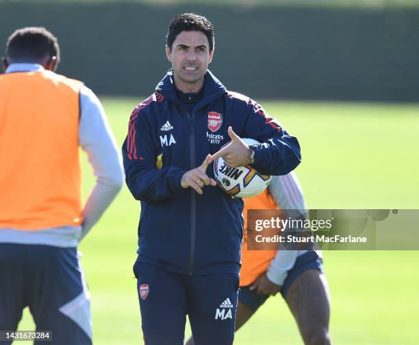 Arsenal manager Mikel Arteta during a training session at London Colney on October 08, 2022 in St Albans, England.