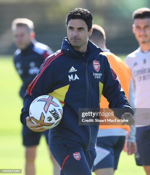 Arsenal manager Mikel Arteta during a training session at London Colney on October 08, 2022 in St Albans, England.