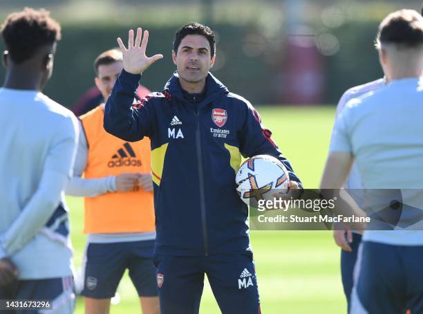 Arsenal manager Mikel Arteta during a training session at London Colney on October 08, 2022 in St Albans, England.