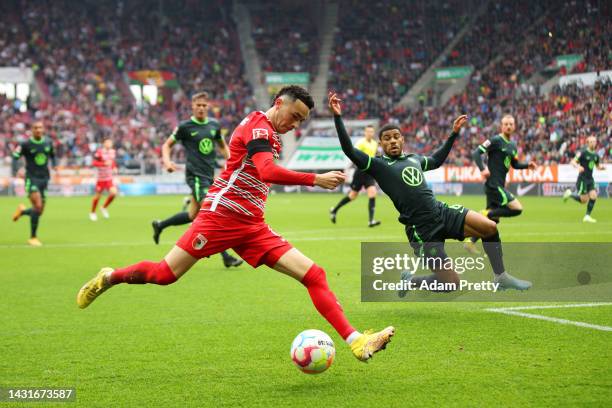 Ruben Vargas of Augsburg controls the ball during the Bundesliga match between FC Augsburg and VfL Wolfsburg at WWK-Arena on October 08, 2022 in...