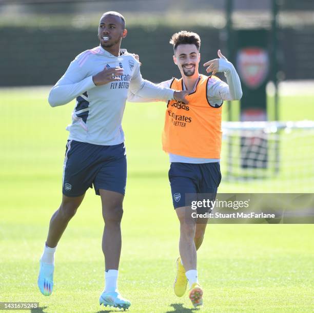 Gabriel and Fabio Vieira of Arsenal during a training session at London Colney on October 08, 2022 in St Albans, England.