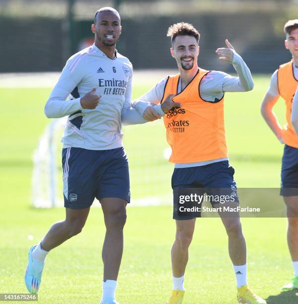 Gabriel and Fabio Vieira of Arsenal during a training session at London Colney on October 08, 2022 in St Albans, England.