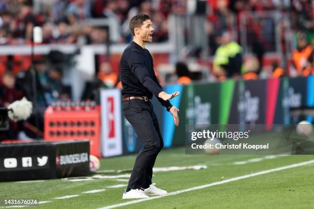 Xabi Alonso, Head Coach of Bayer 04 Leverkusen, reacts during the Bundesliga match between Bayer 04 Leverkusen and FC Schalke 04 at BayArena on...