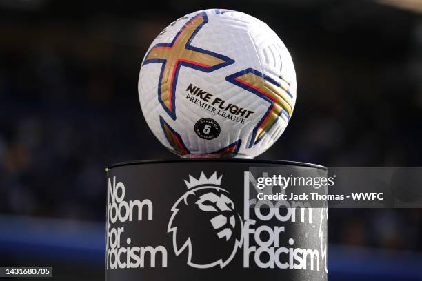 Detailed view of a Nike Flight Premier League match ball on a 'No Room For Racism' plinth prior to kick off of the Premier League match between...