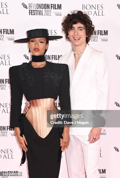 Taylor Russell and Timothee Chalamet attend the "Bones & All" premiere during the 66th BFI London Film Festival at The Royal Festival Hall on October...