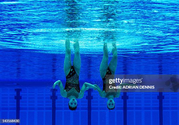 Jang Hyang Mi and Jong Yon Hui of the People's Republic of Korea compete in the duets free routine during the FINA Olympic Games Synchronised...