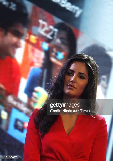 Bollywood actor Katrina Kaif appears during the launch of Blackberry Curve 9220 at a city hotel on April 18, 2012 in New Delhi, India.