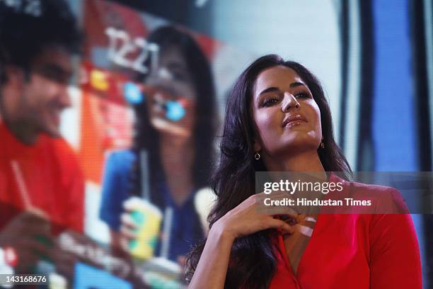 Bollywood actor Katrina Kaif appears during the launch of Blackberry Curve 9220 at a city hotel on April 18, 2012 in New Delhi, India.