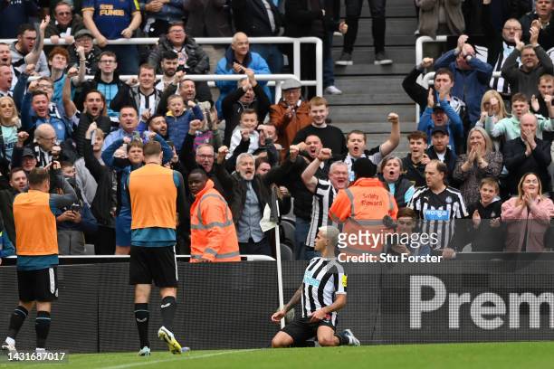 Bruno Guimaraes of Newcastle United celebrates after scoring their team's first goal during the Premier League match between Newcastle United and...