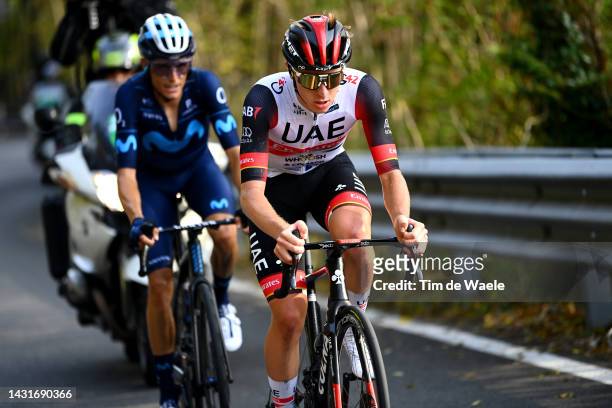 Enric Mas Nicolau of Spain and Movistar Team and Tadej Pogacar of Slovenia and UAE Team Emirates compete in the breakaway during the 116th Il...
