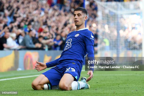 Kai Havertz of Chelsea celebrates after scoring their side's first goal during the Premier League match between Chelsea FC and Wolverhampton...