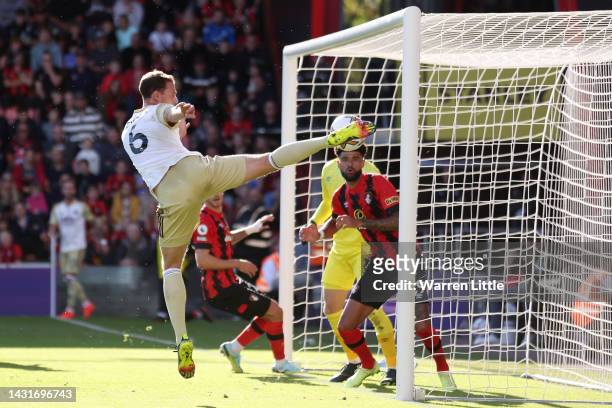 Jonny Evans of Leicester City shoots during the Premier League match between AFC Bournemouth and Leicester City at Vitality Stadium on October 08,...