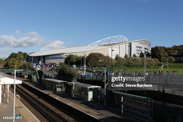 General view outside the stadium as an empty train station is seen due to industrial strike action prior to the Premier League match between Brighton...