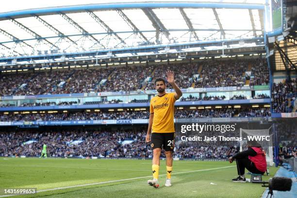 Diego Costa of Wolverhampton Wanderers acknowledges the Chelsea fans after being substituted during the Premier League match between Chelsea FC and...