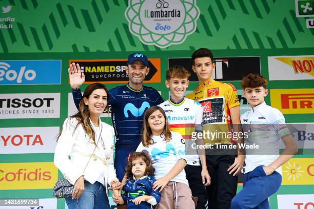 Alejandro Valverde Belmonte of Spain and Movistar Team poses with his sons Pablo, Alejandro, Ivan, Natalia and his wife Natalia Mateo at the podium...