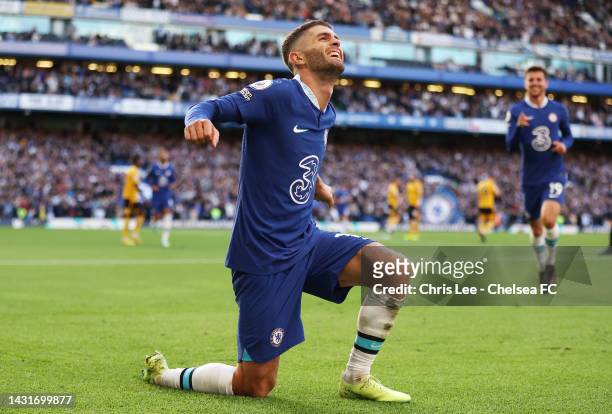 Christian Pulisic of Chelsea celebrates after scoring their team's second goal during the Premier League match between Chelsea FC and Wolverhampton...