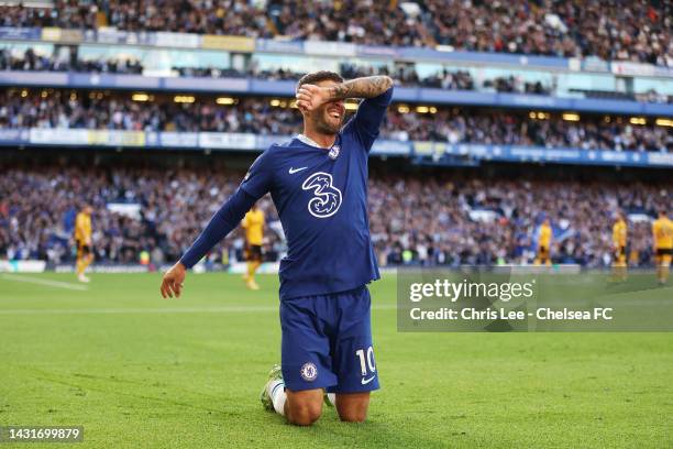 Christian Pulisic of Chelsea celebrates after scoring their team's second goal during the Premier League match between Chelsea FC and Wolverhampton...