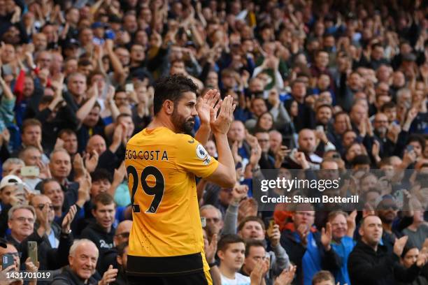 Diego Costa of Wolverhampton Wanderers applauds the fans during the Premier League match between Chelsea FC and Wolverhampton Wanderers at Stamford...