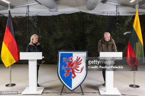 German Defense Minister Christine Lambrecht with Arvydas Anusauskas, Lithuania Minister of National Defence, attends a press conference after the...