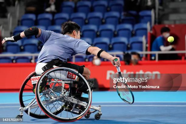 Shingo Kunieda of Japan competes against Tokito Oda of Japan during Wheelchair Singles Final on day Six of the Rakuten Japan Open at Ariake Coliseum...