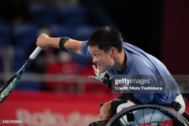 Shingo Kunieda of Japan competes against Tokito Oda of Japan during Wheelchair Singles Final on day Six of the Rakuten Japan Open at Ariake Coliseum...