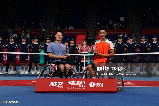 Shingo Kunieda of Japan talk during Wheelchair Singles Medal Ceremony on day Six of the Rakuten Japan Open at Ariake Coliseum on October 8, 2022 in...